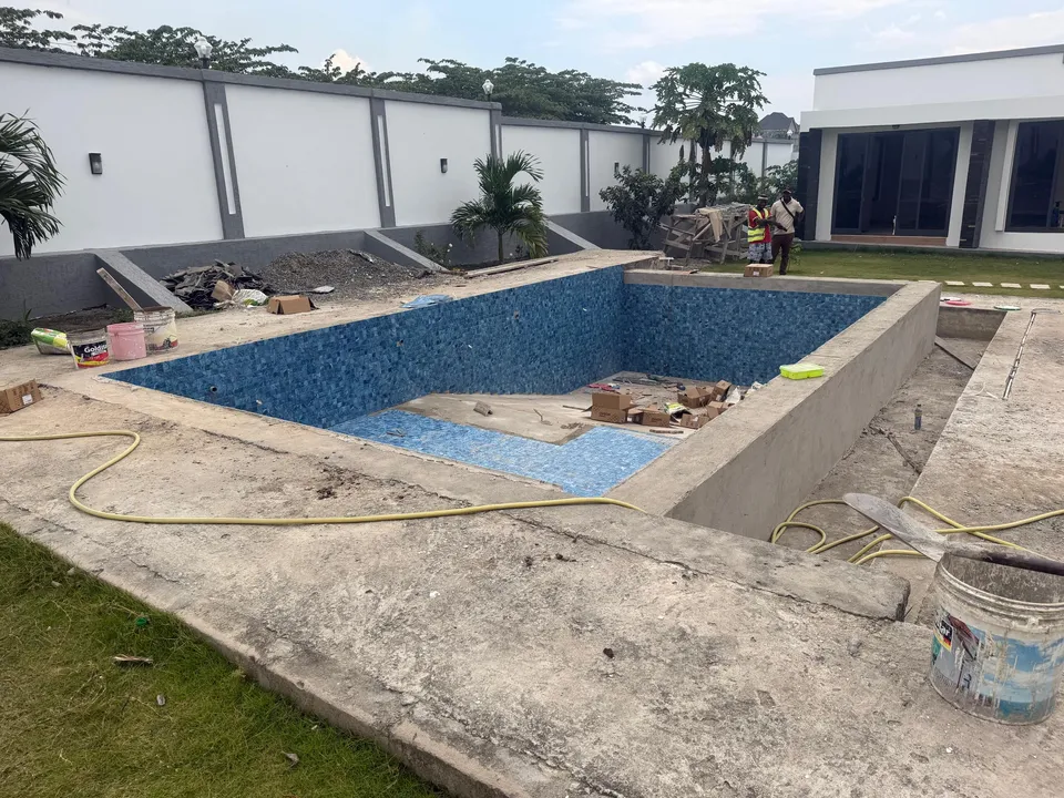 Mosaic pool at tiling stage in Kiluvya Madukani