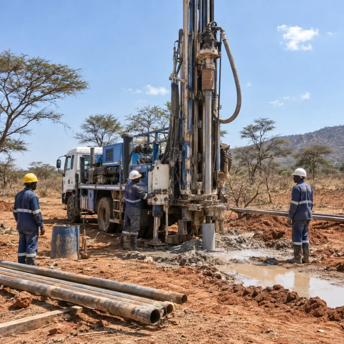 Illustration of a truck-mounted borehole drilling rig on site