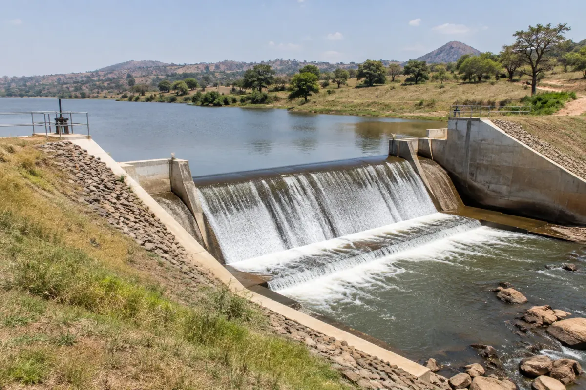 Illustration of a small dam and concrete spillway