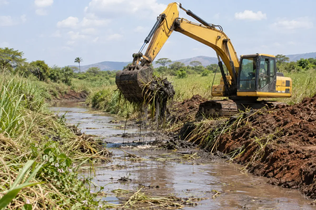 Illustration of an excavator clearing silt from a waterway