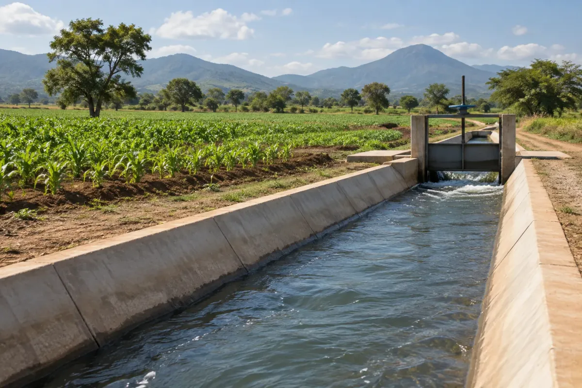 Illustration of a lined irrigation canal beside cultivated fields