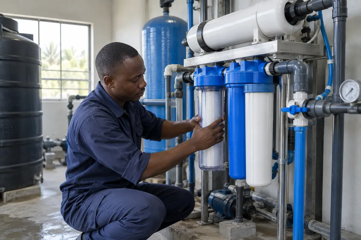 Illustration of a technician servicing a water filtration unit