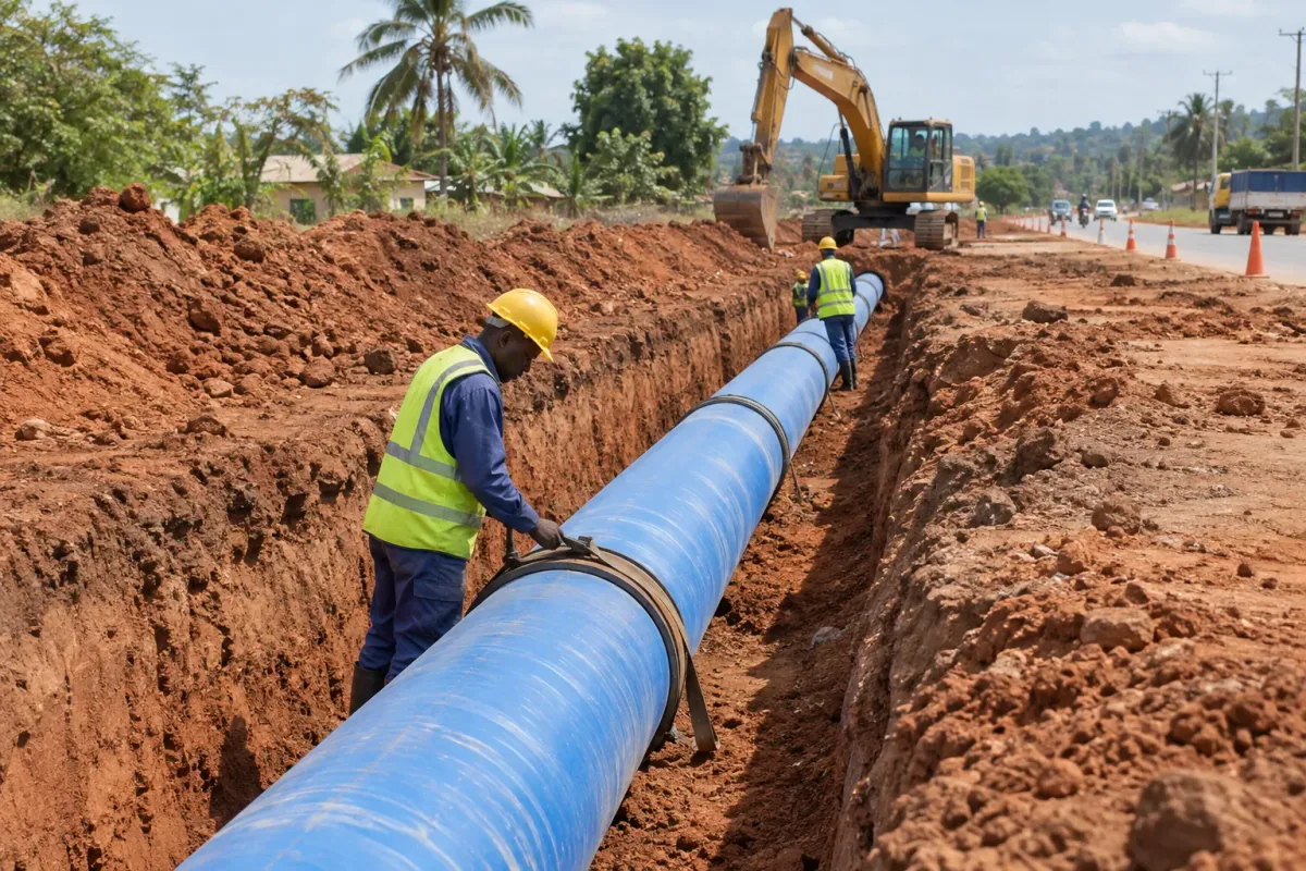 Illustration of a water main being laid in a trench
