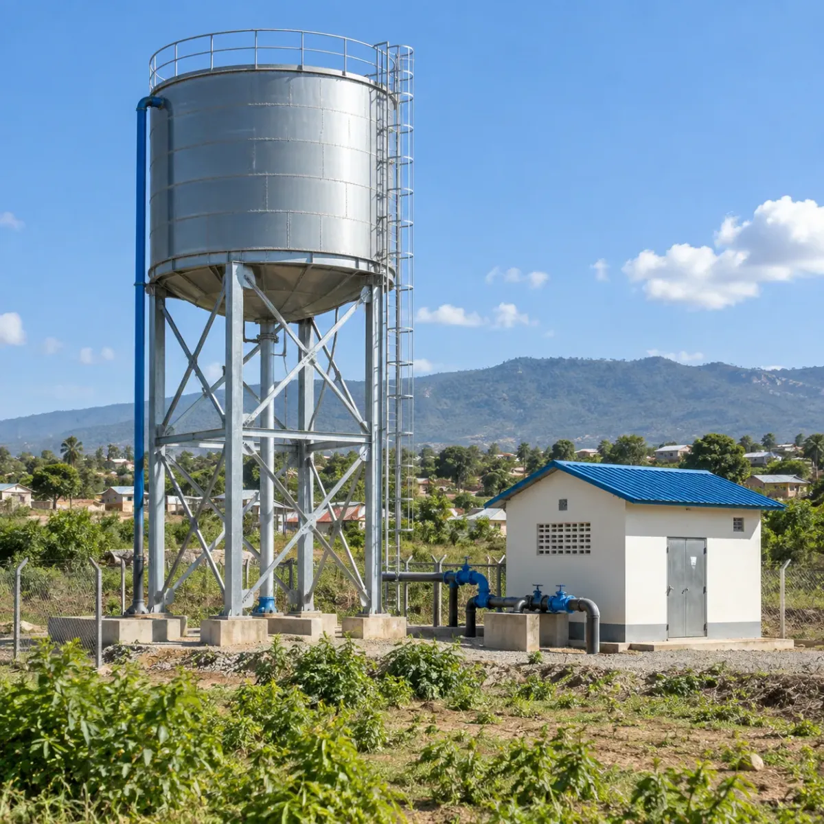 Illustration of an elevated water storage tank and pump house